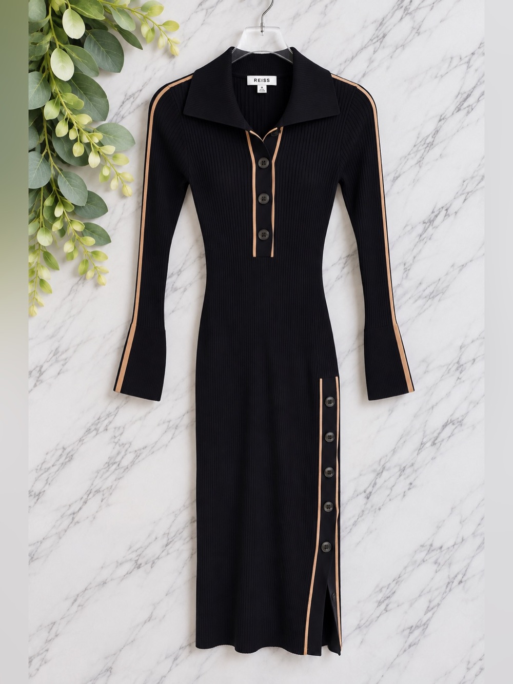 Reiss Michelle Ribbed Knit Midi Dress Navy Tan Trim Button Detail Size M